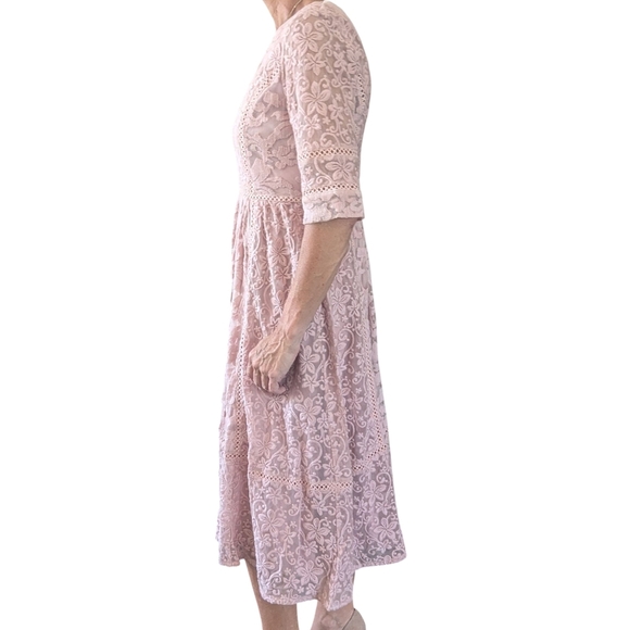 Brass & Roe Blush Pink Lace Midi Dress M Romantic Cottagecore Spring Wedding - Picture 4 of 13